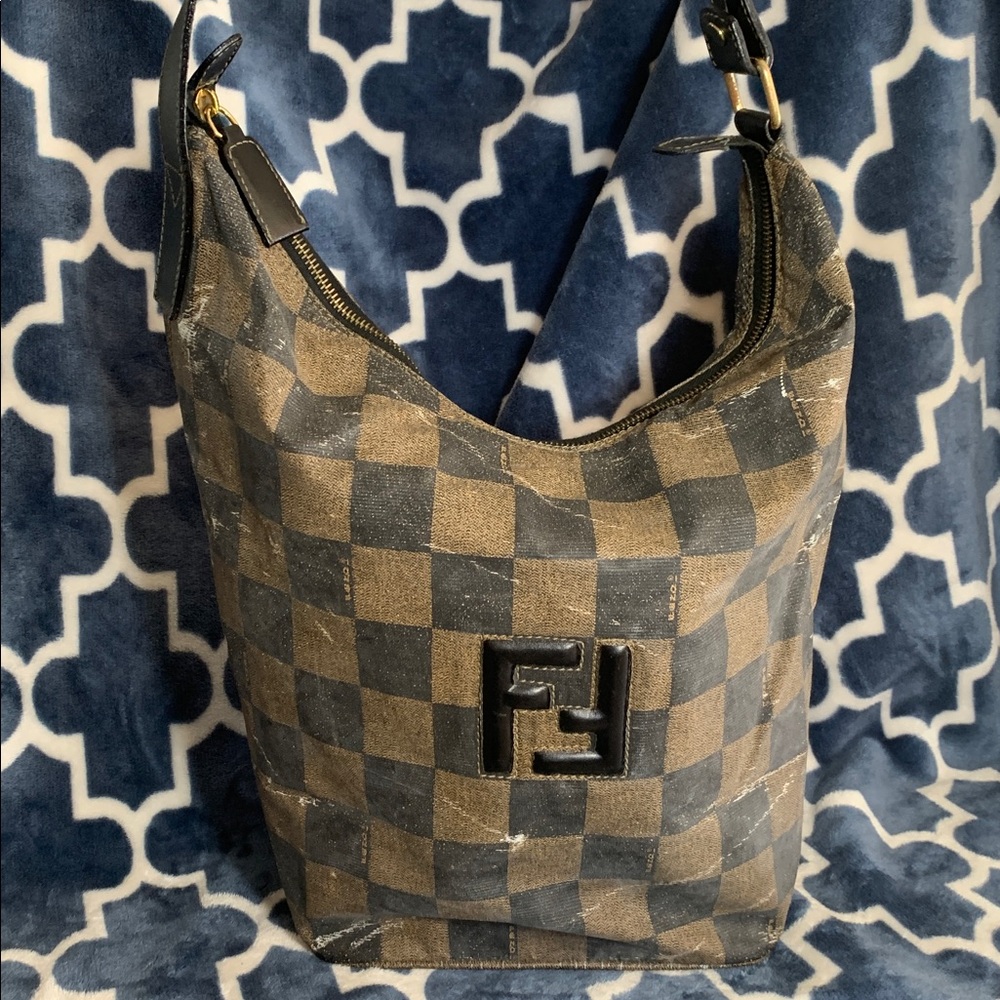 Fendi Vintage Brown Black Checker PVC Bag Leather Strap Crossbody Purse Satchel